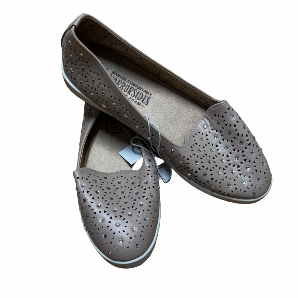 Harborsides Tan Loafers with Floral Cutouts. Feminine Comfy Crystals